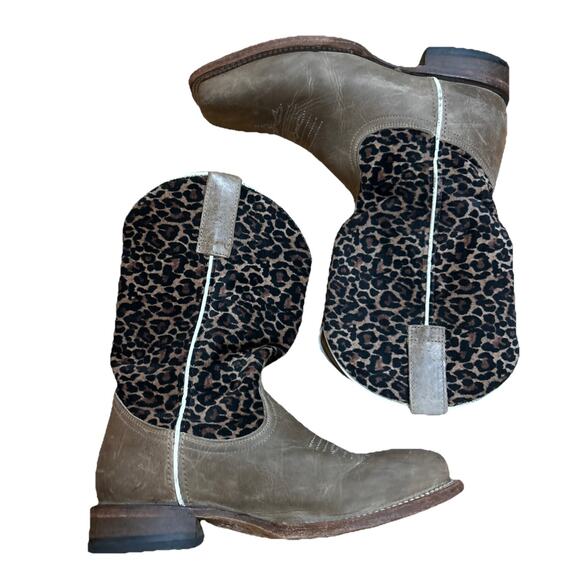 Roper Kids Big Girls 4 Brown Leather Cheetah Square Toe Cowboy Boots Western - Picture 1 of 8